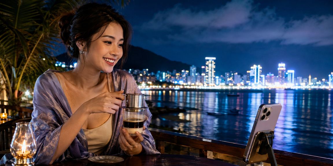 Quán cà phê Vũng Tàu minh họa người dùng kiểm tra voucher VIP trên di động